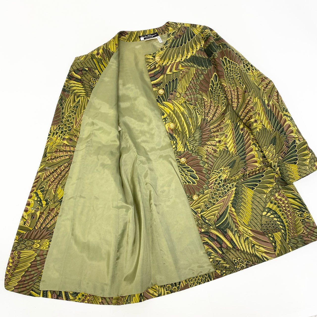 38a16 Salvatore Ferragamo サルヴァトーレ フェラガモ Vintage 金ボタン 総柄スプリングコート サイズ46 グリーン系 ヴィンテージ 女性服t18r