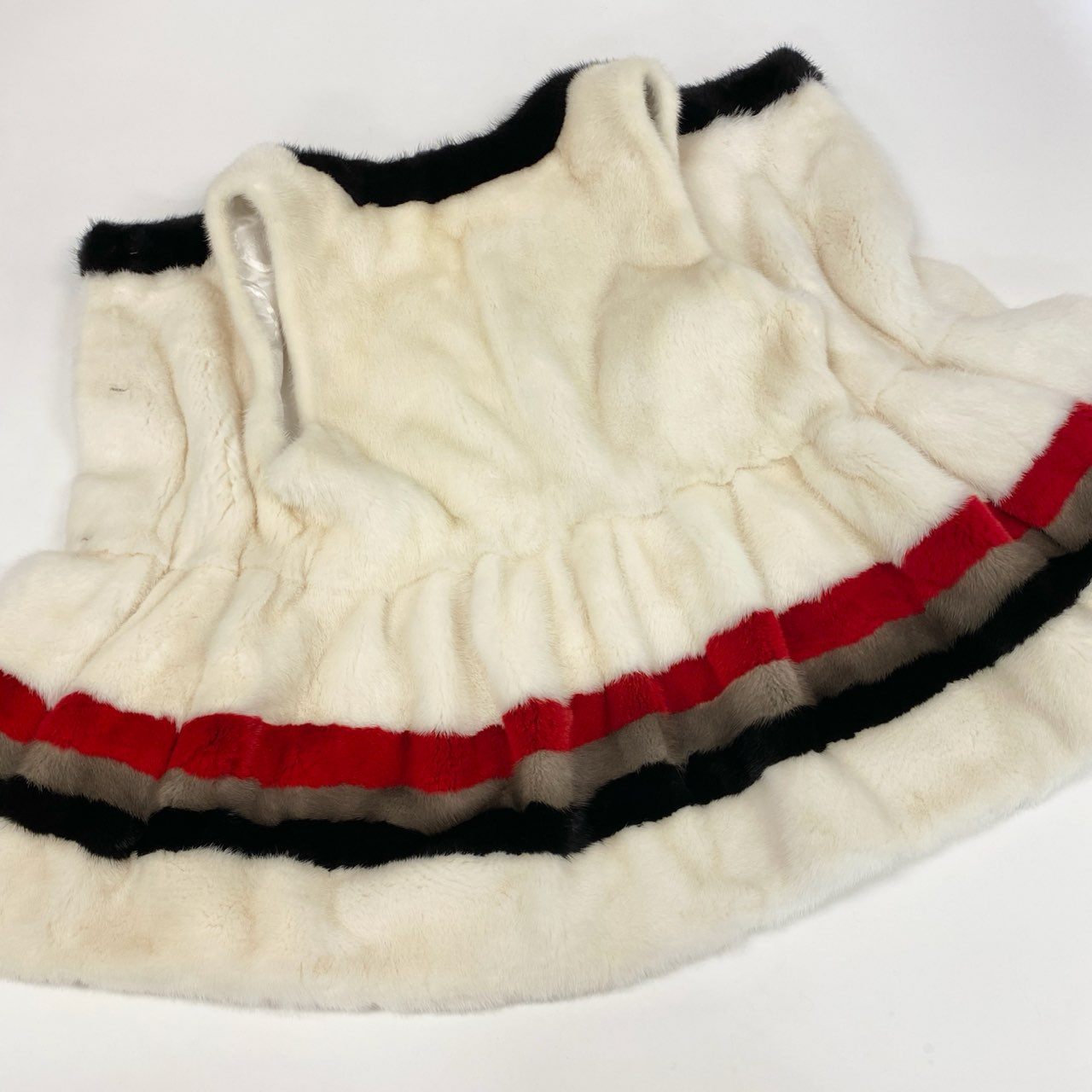 85k4 《希少》 Pellicce Moda ペリーチェモーダ パールミンク 染めデザイン ファーベスト ホワイト 最高級本毛皮 Aライン MINK FURt18r