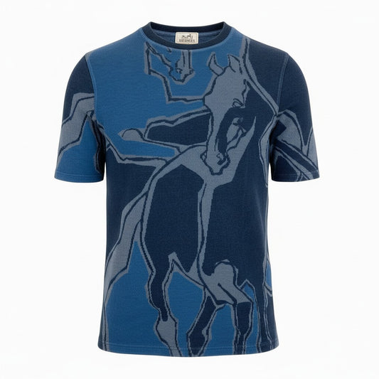 20a14 HERMES エルメス 半袖Tシャツ クルーネック カットソー 鹿の子 Dance of Horses 馬柄 イタリア製  メンズ 紳士服 サイズM ネイビー コットン100％o07t