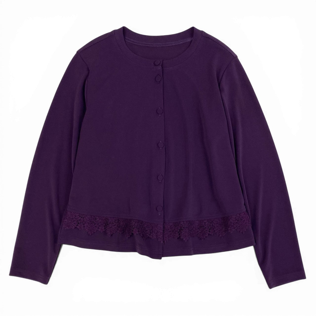 50b27 TOKUKO 1er VOL トクコプルミエヴォル ノーカラージャケット カーディガン 長袖  花柄 レース装飾 ストレッチ レディース 女性服 サイズ9 パープルu02t