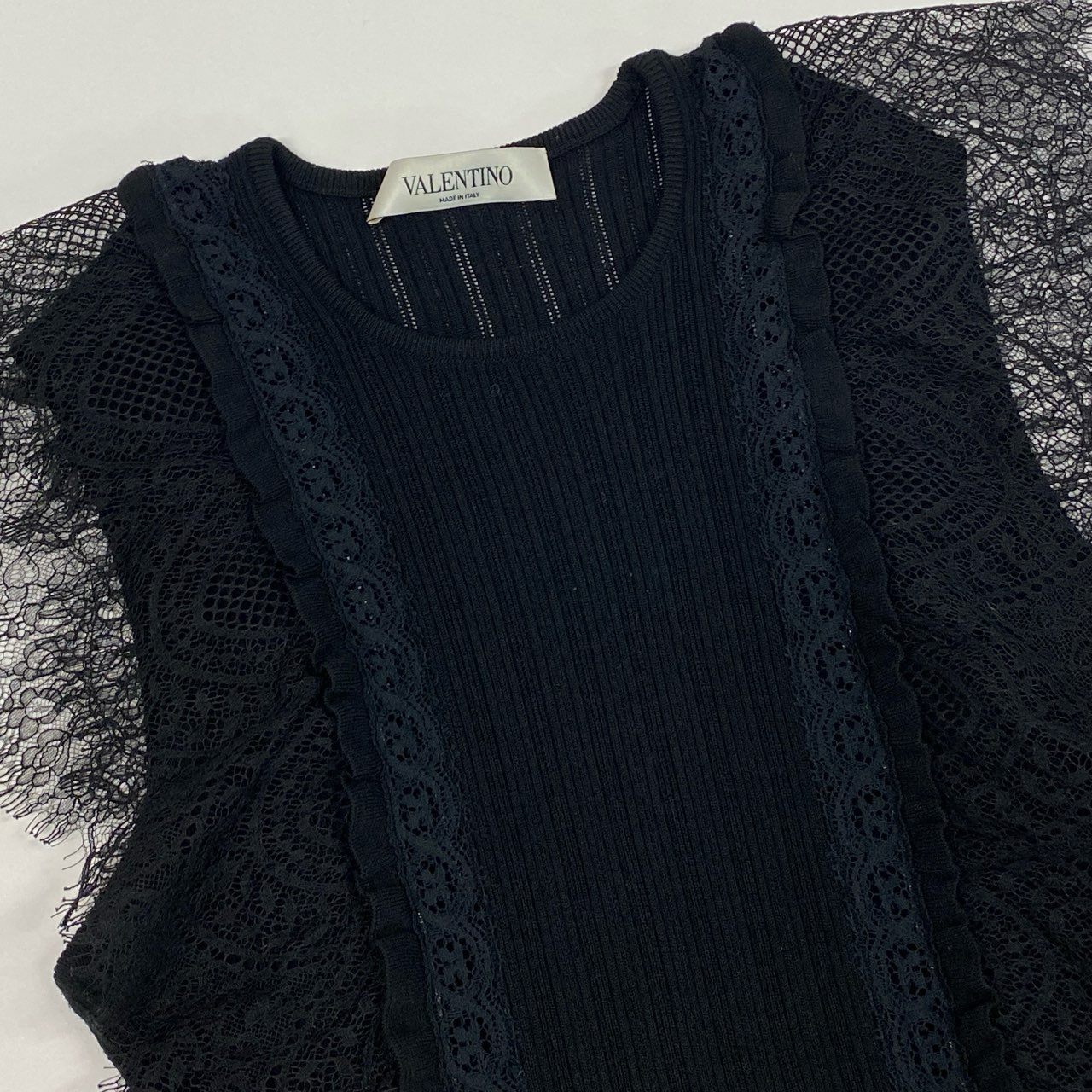 59b22 VALENTINO ヴァレンティノ ノースリーブ ニットカットソー リブニット レース装飾 レディース 女性服 イタリア製 M ブラック ウール100％u02t