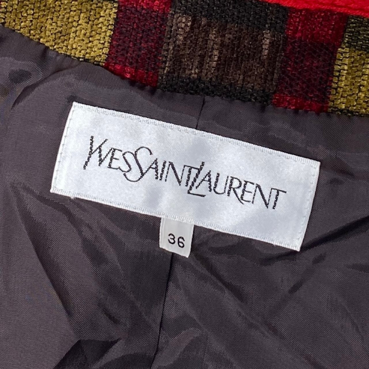 32i28 YVESAINTLAUREN イヴサンローラン ノーカラージャケット ベロア チェック柄 36サイズ マルチカラー レディース 女性用u02t