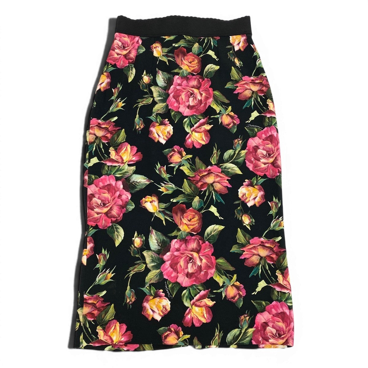 g13 【極美品】DOLCE＆GABBANA フラワープリント ミディ丈 シルクスカート イタリア製 38サイズ ブラック レディース 女性用k02ik02i