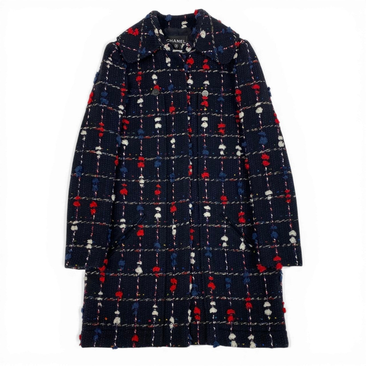 Cd2 《極美品》 CHANEL シャネル CCボタン ツイード ステンカラーコート CC Tweed Soutien Collar Coat P42157 サイズ36 ネイビー フランス製t18r
