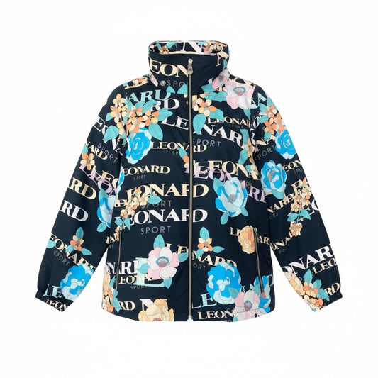 31b6 【極美品】LEONARD SPORT レオナール スポーツ ロングスリーブジャケット 美しい花柄プリント フード収納可 ロゴ 総柄 0555150 40サイズ ブラック ポリエステル100％ レディース 女性用u02t