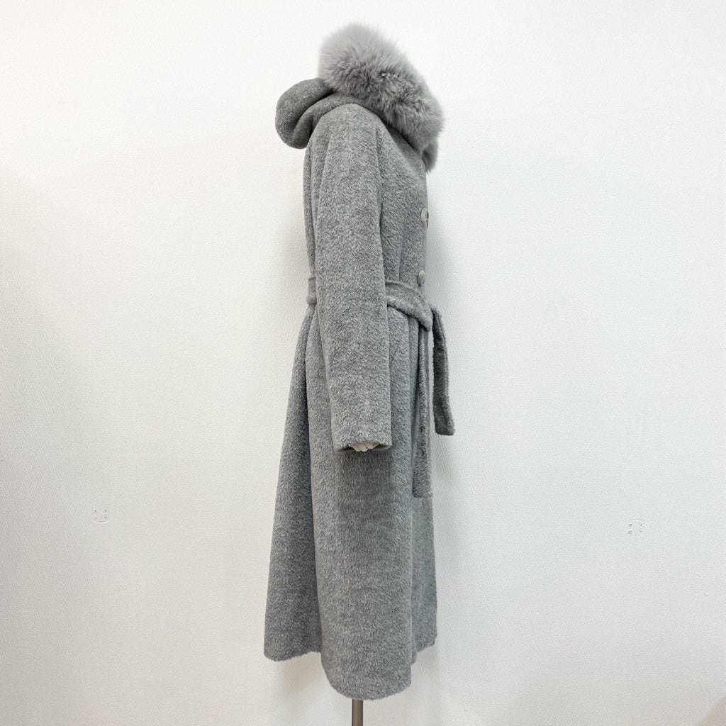 25k7 【イタリア製】MaxMara STUDIO マックスマーラ スタジオ  アルパカコート フォックスファー フーデッドコート サイズ42 グレー レディース 女性用 アウター コート