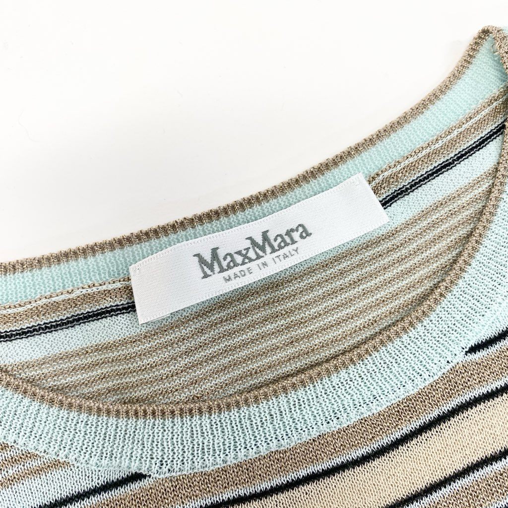 69L17 【美品】MaxMara マックスマーラ 半袖ニットセーター ラメニット ボーダー トップス Sサイズ ライトブルー ゴールド レディースk02i