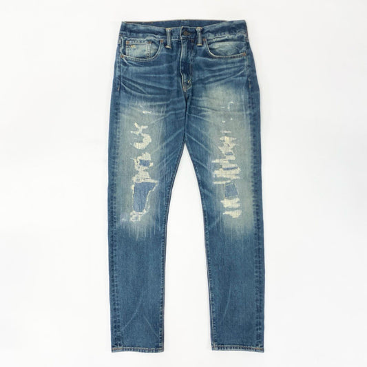 71i26 《美品》RRL ダブルアールエル デニムパンツ ダメージリペア加工 ジップフライ ロゴ刺繍 RN41381 29×30 インディゴ メンズk02i