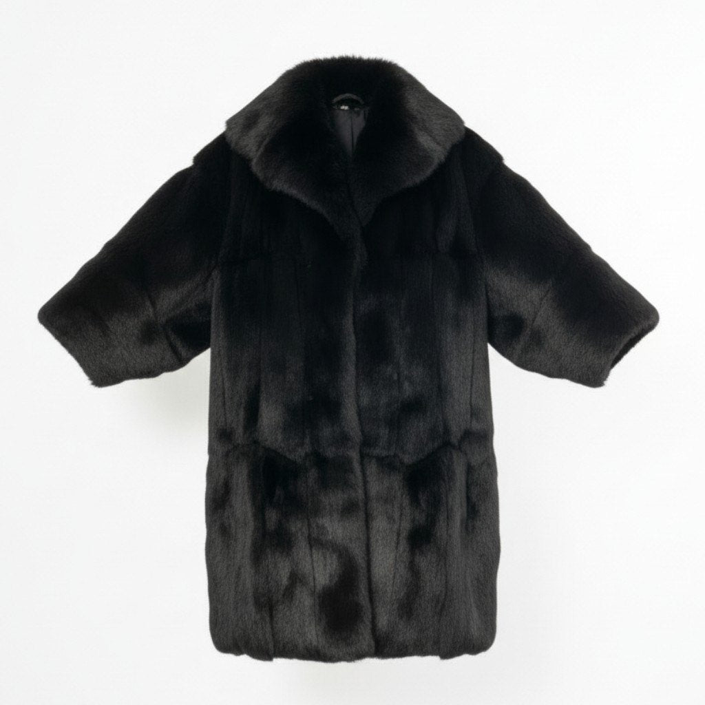 48a22 本毛皮 ドルマンスリーブ ファーコート 希少デザイン サイズF ブラック Black Fur Coatt18r