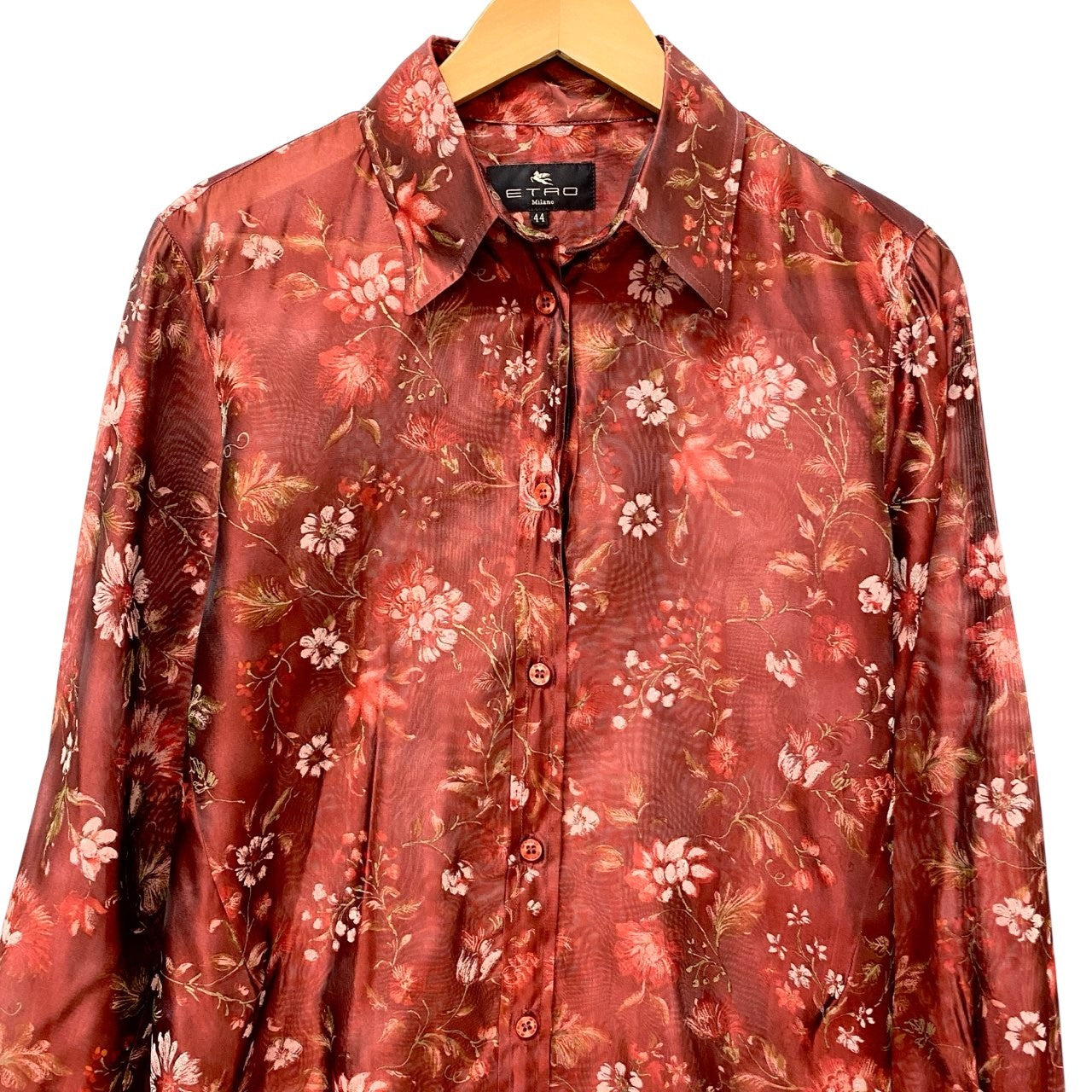 45c6 ETRO エトロ シアーシャツ フラワープリント 花柄 ロングスリーブ シルク混紡 レディース 女性服 サイズ44 レッド系u02t