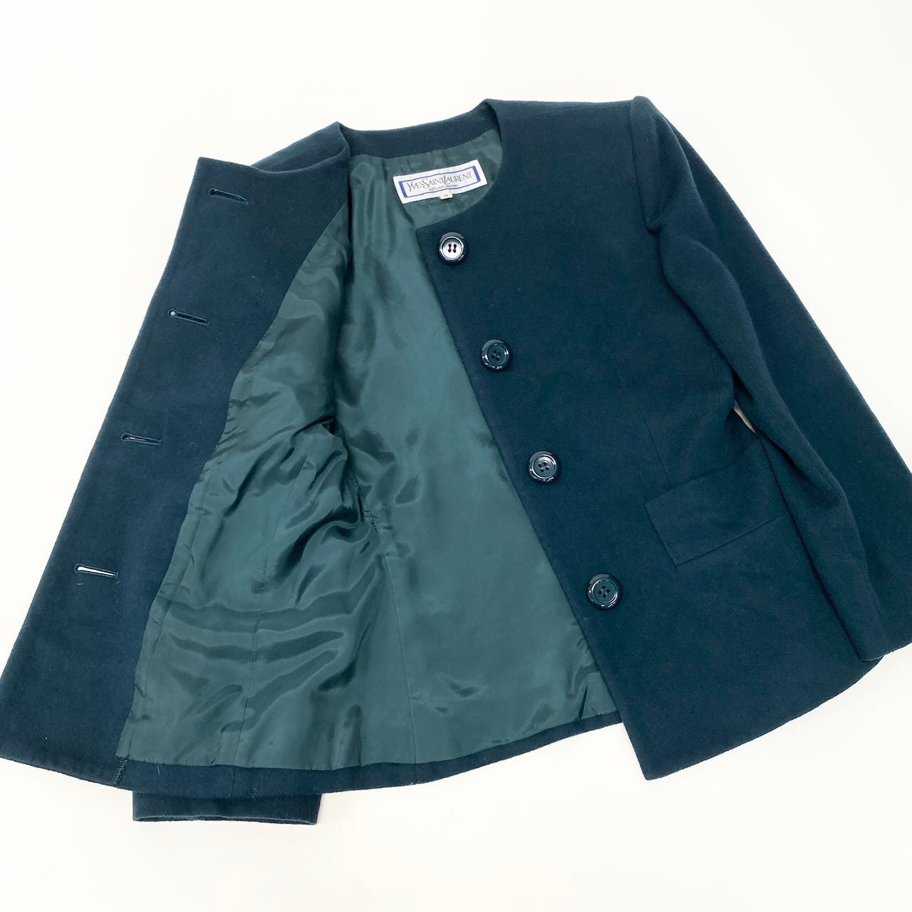 33f15 YVES SAINT LAURENT イヴサンローラン ノーカラージャケット ウールジャケット サイズS ダークグリーン レディース 女性用u02t
