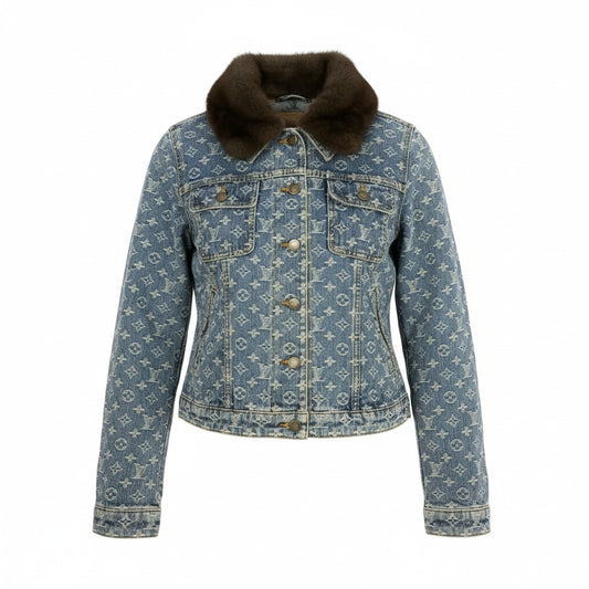 54L5 LOUIS VUITTON ルイヴィトン モノグラム デニムジャケット ミンク付け襟 取外し可 サイズ38 インディゴ レディース アウター ジャケットk02i