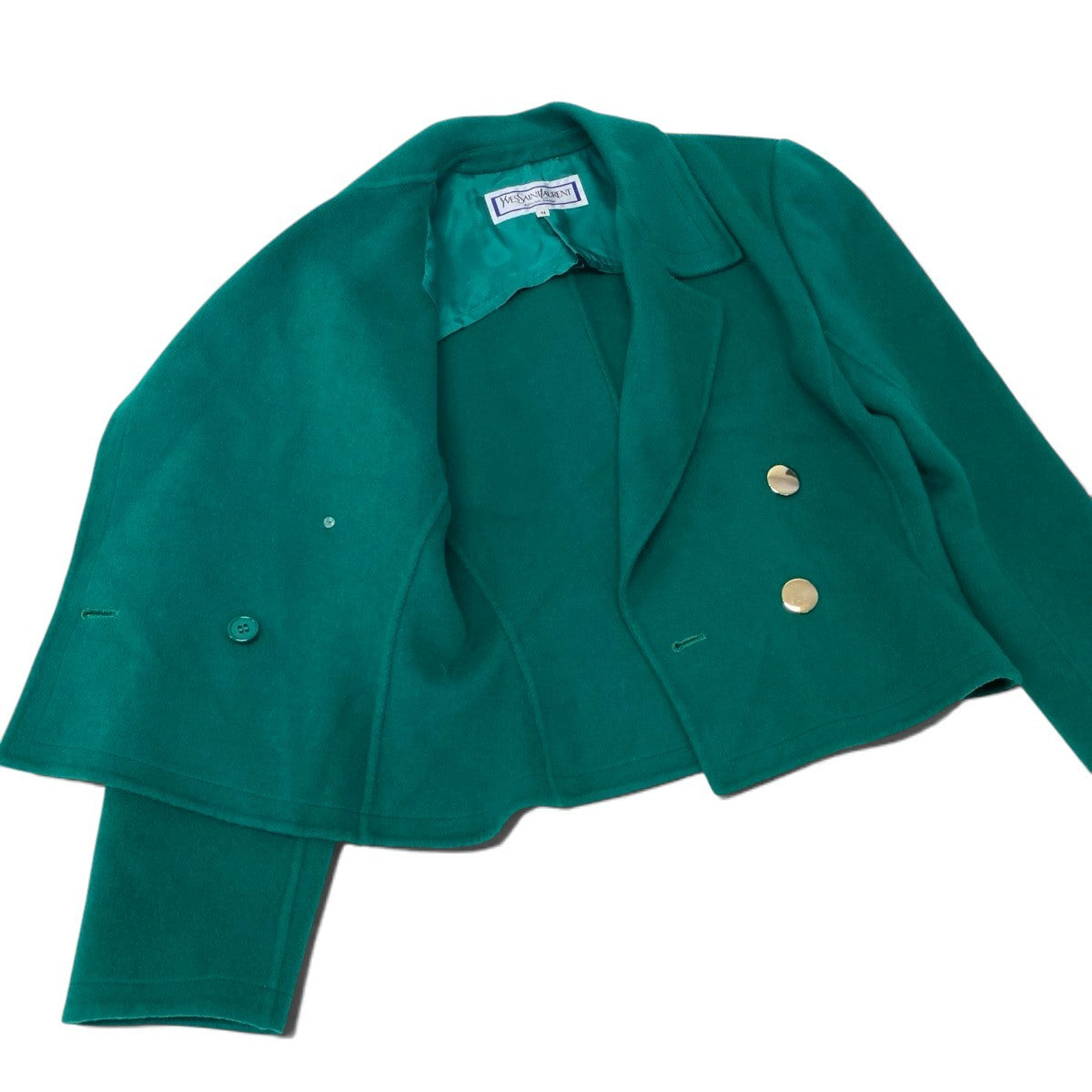 82i2 YVES SAINT LAURENT イヴサンローラン テーラードジャケット ダブルブレスト 金ボタン ウール混 サイズM グリーン レディースo07t
