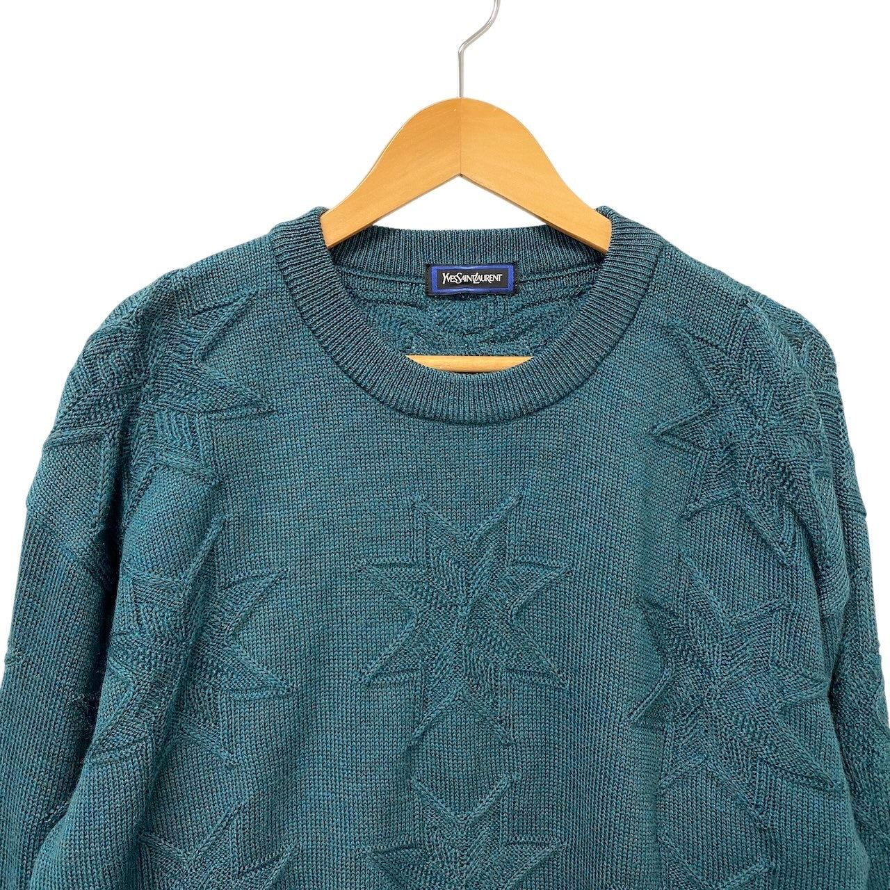 58g7 YVES SAINT LAURENT イヴサンローラン クルーネック ニットセーター 3Dニット サイズLL グリーン メンズ 紳士服o07t