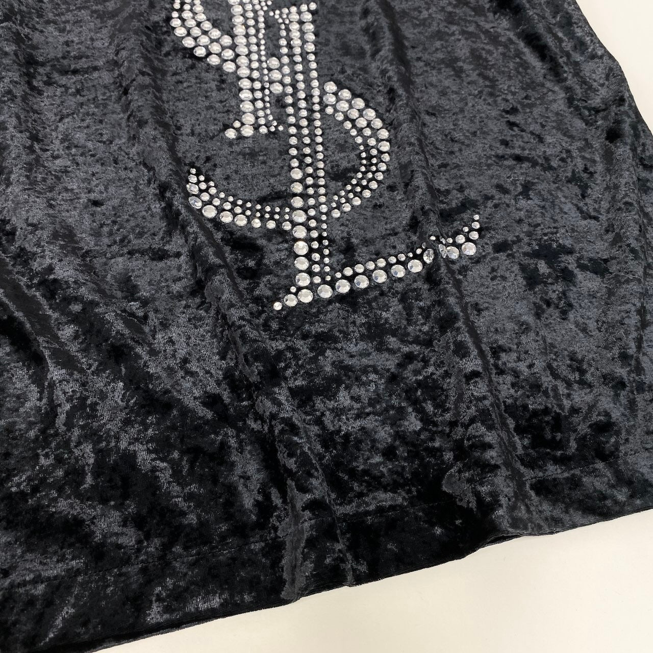 13f6 Yves Saint Laurent イヴサンローラン ラインストーン カサンドラ Tシャツ カットソー ベロア イタリア製 M ブラック レーヨン ポリエステル レディースo07t