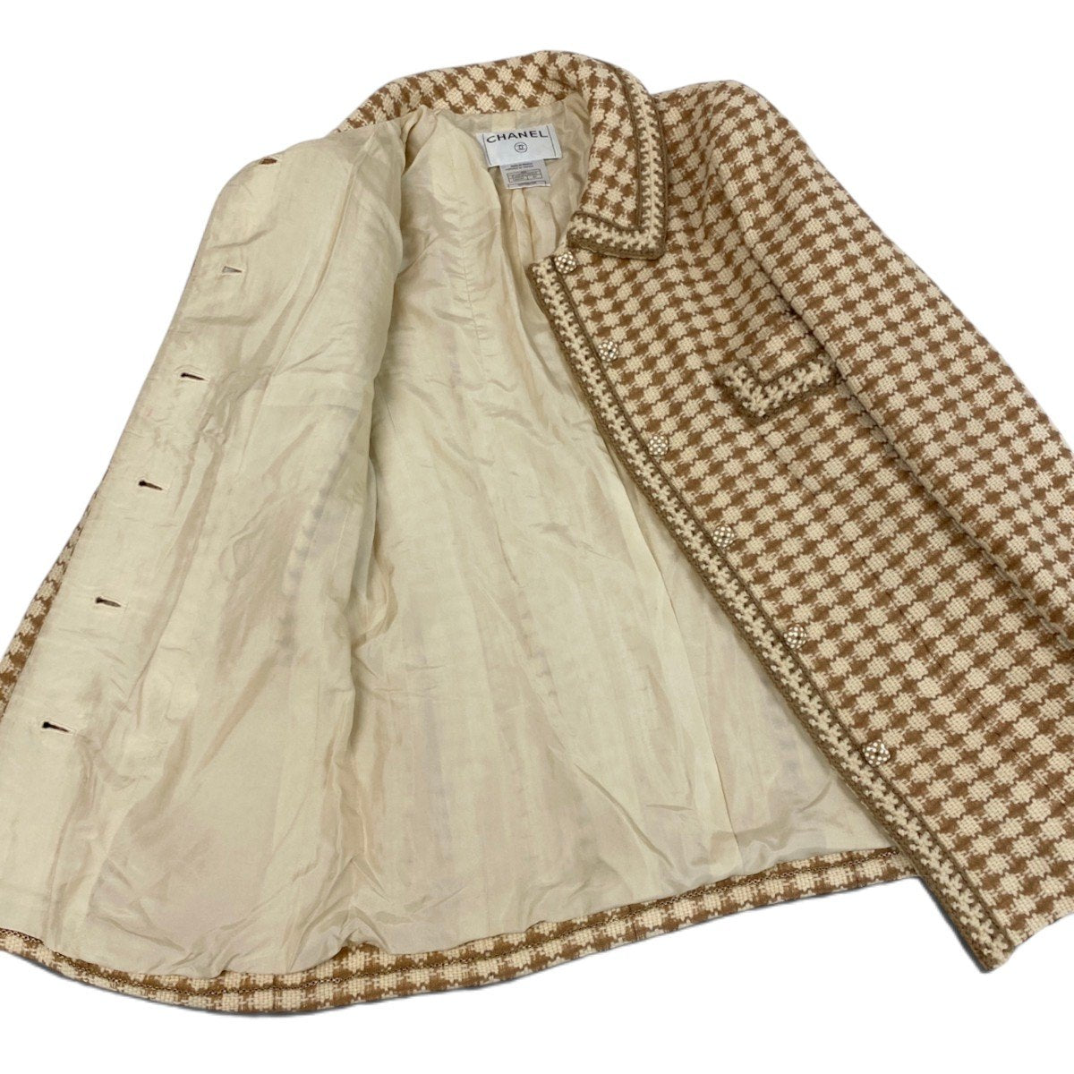 i22 CHANEL シャネル 00A 千鳥格子 ドット柄ボタン ツイードコート Vintage Polka Dot button Tweed Coat P16535 Size40 ベージュt18r