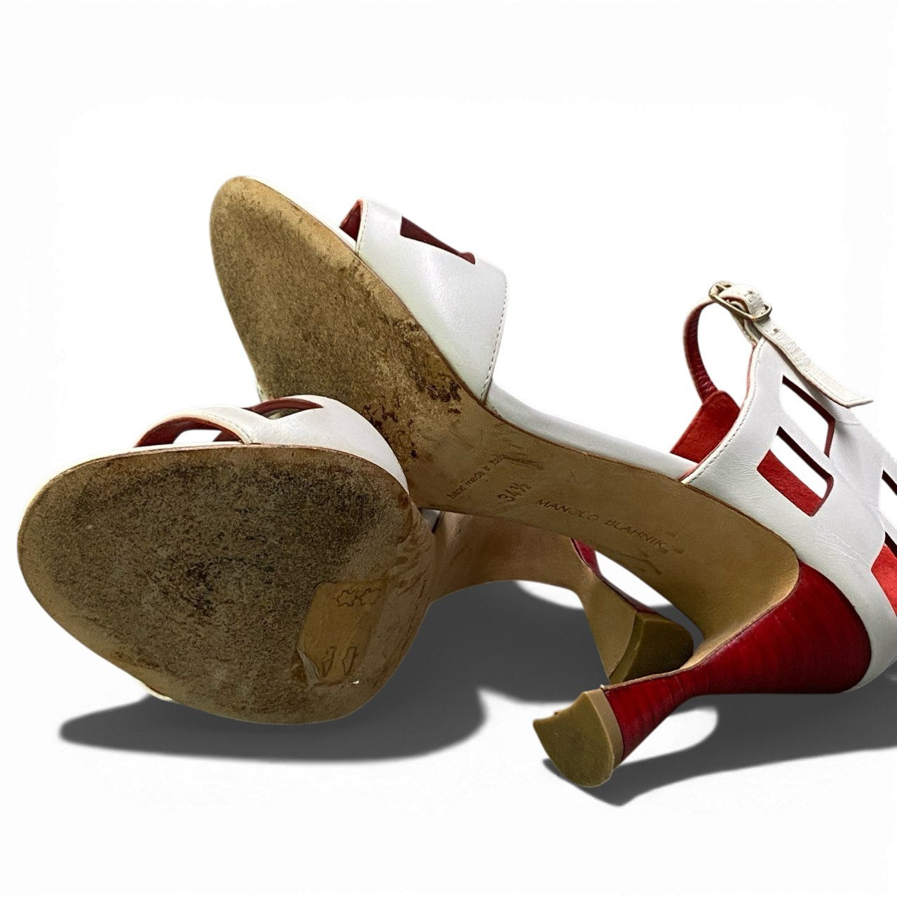 1b23 MANOLO BLAHNIK マノロブラニク アンクルベルト ヒールサンダル オープントゥ ルイヒール レディース 女性靴 イタリア製 34 1/2  ホワイト レッド レザーu02t