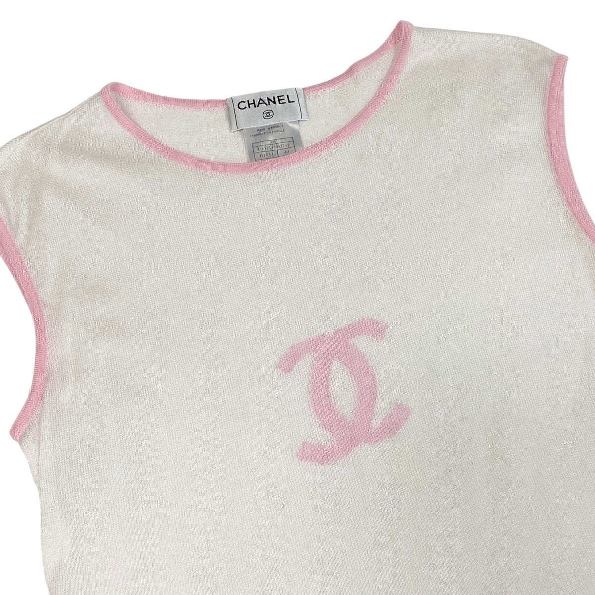 Cg19 CHANEL シャネル 2000年 ノースリーブ コットンニット トップ ココマーク P15734V00761 サイズ40 ピンク ホワイト レディースu02t