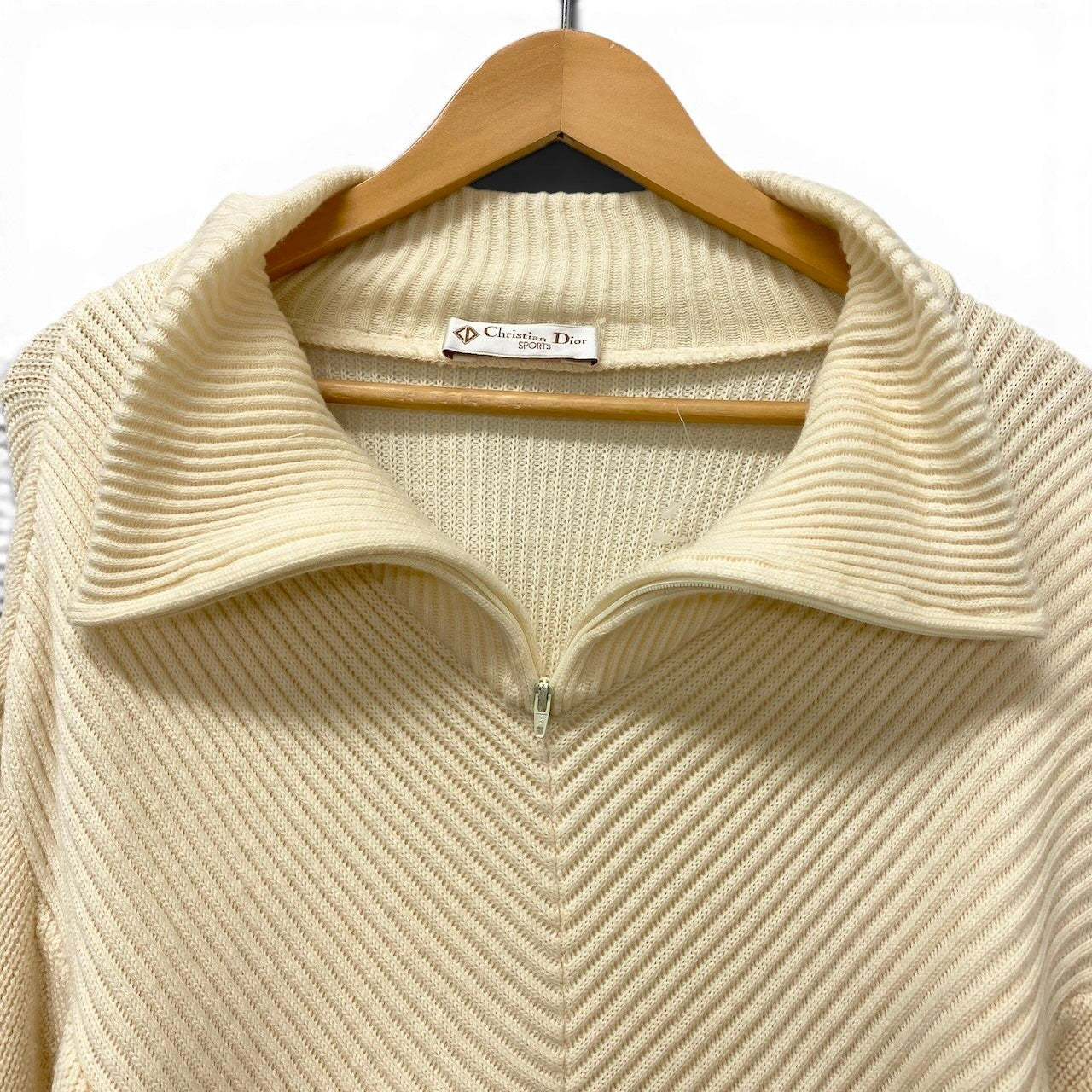 83e15 Christian Dior クリスチャンディオール Vintage ハーフジップ ニット トップス セーター ハイネック Mサイズ アイボリー系 ウール レディースo07t