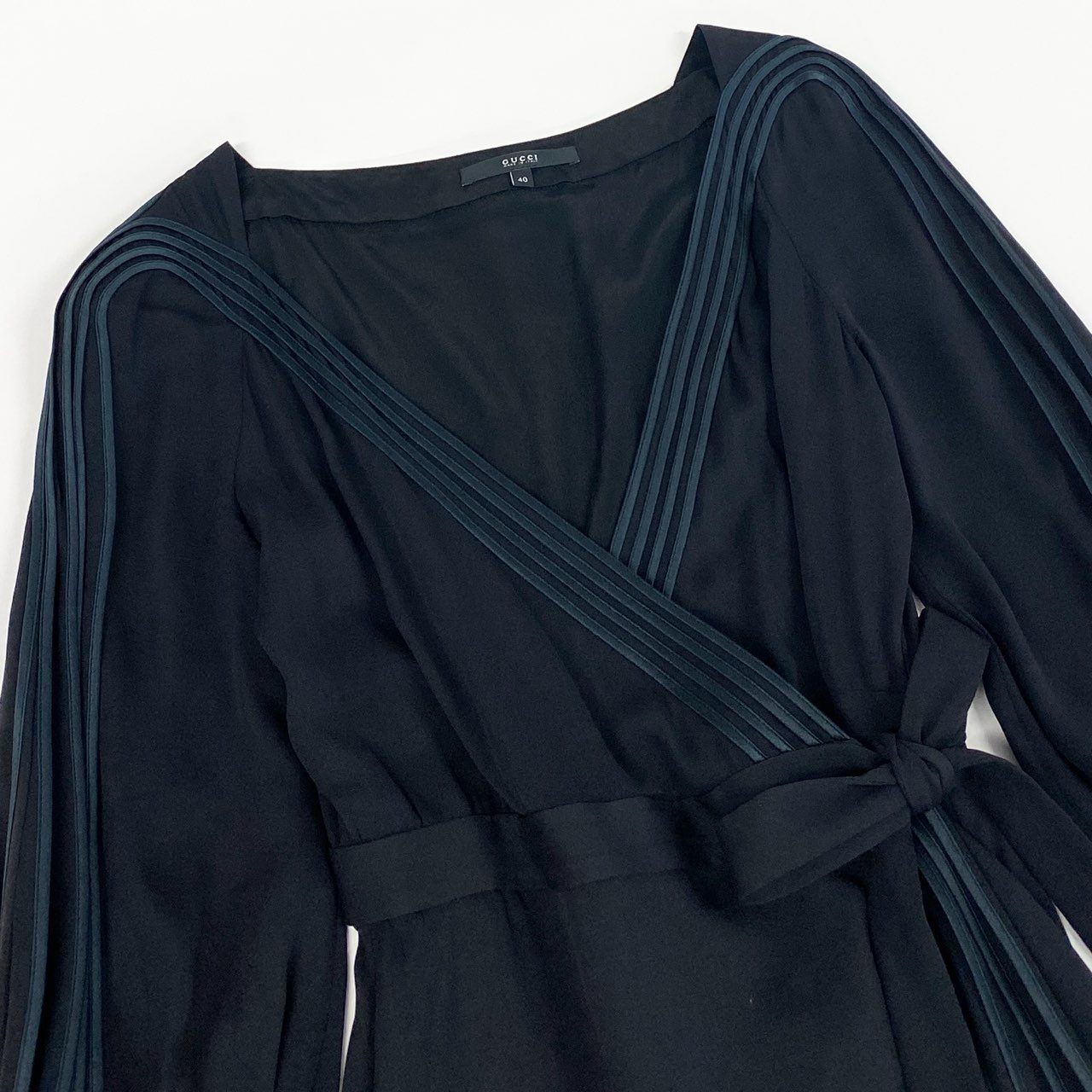 b23 GUCCI グッチ トムフォード期 ウエストリボン カシュクール 長袖ワンピース サイズ40 ブラック レディースk02i