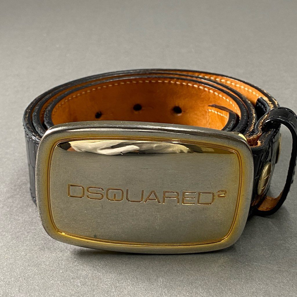 13f23 DSQUARED2 デースクエアード クロコ型押し ゴールドバックル レザーベルト L ブラック Leather Belt イタリア製