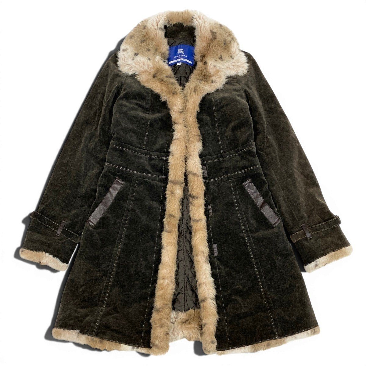 Eg10 BURBERRY LONDON BLUE LABEL バーバリーロンドン ブルーレーベル ファーコート 中綿コート ベロア  サイズ38 ダークブラウン レディースo07t