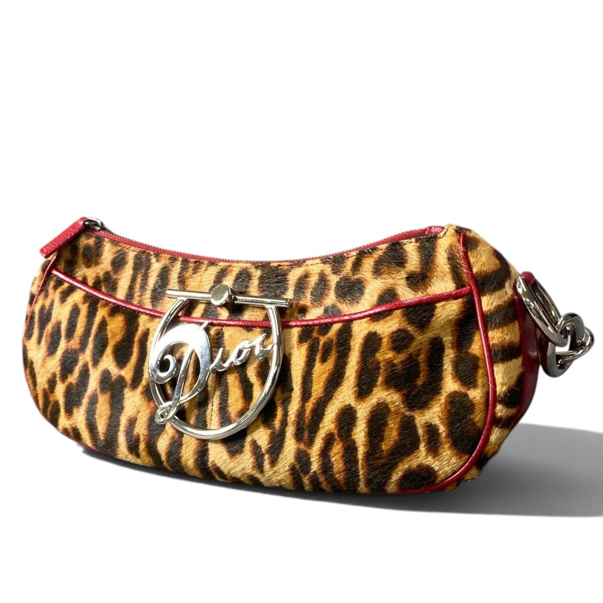 h20【美品】Christian Dior Diva Leopard Pony Hair Bag ブラウン レッド ハラコ レザー レディース 女性用ta1