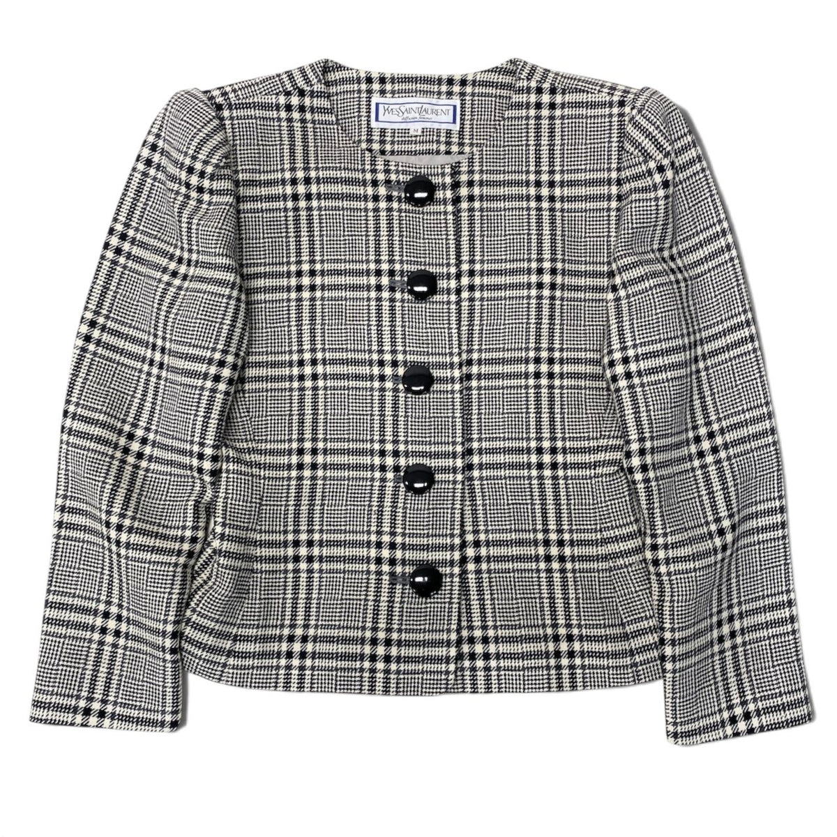 56i16 YVES SAINT LAURENT イヴサンローラン ノーカラージャケット グレンチェック カシミヤブレンド サイズM ブラック ホワイト グレー レディースo07t