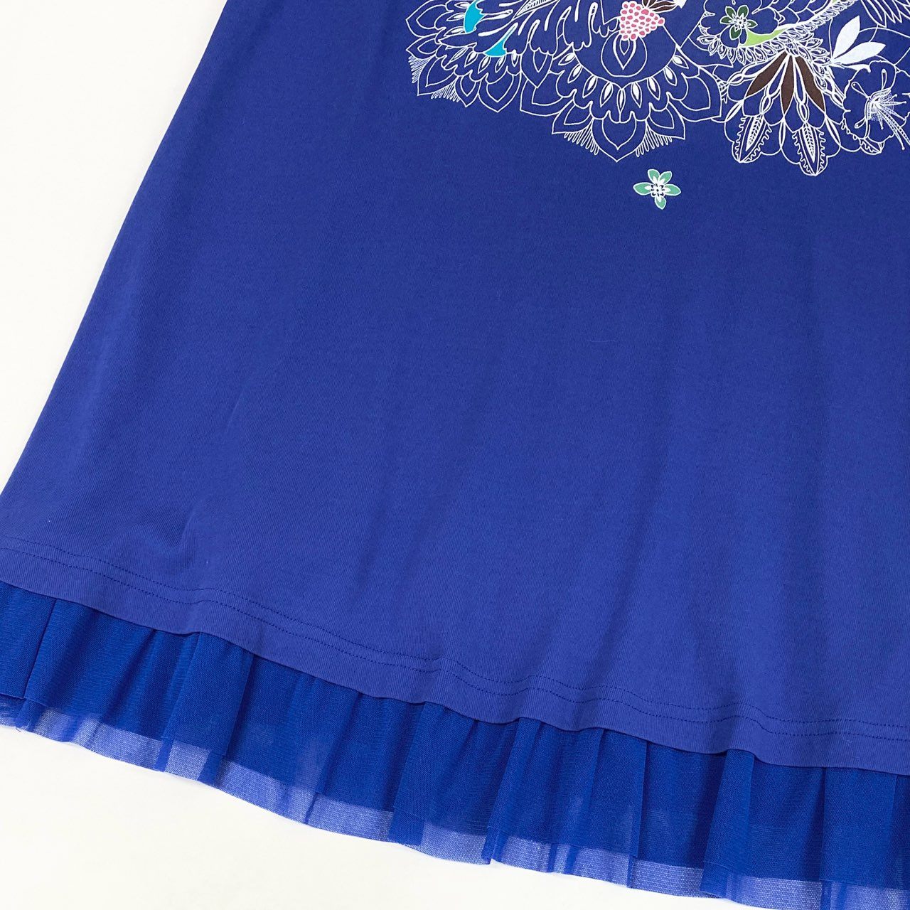 68b27 TOKUKO 1er VOL トクコプルミエヴォル チュニックワンピース 半袖 花柄プリント メッシュ切替 レディース 女性服 サイズ9 ブルー コットン100％u02t