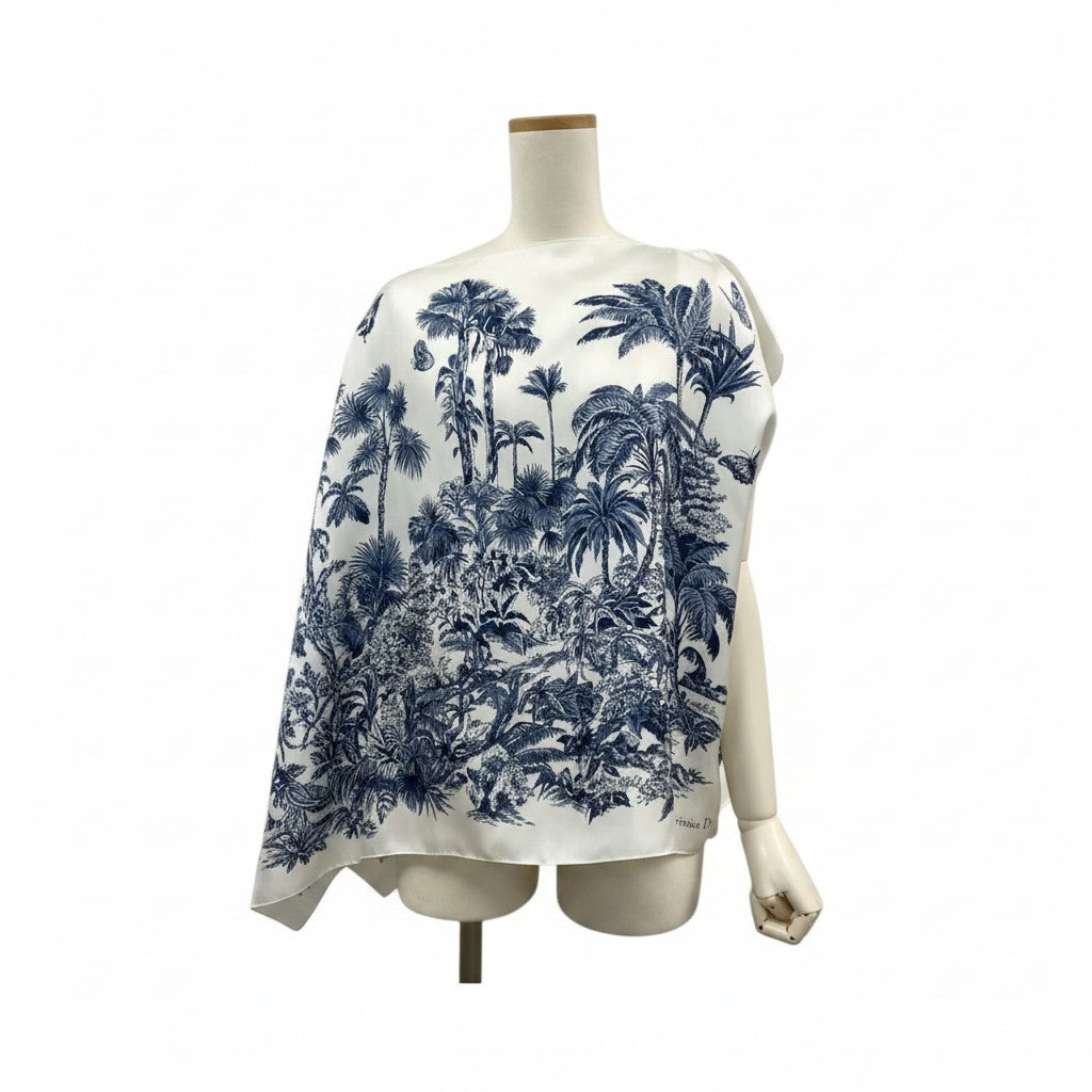i3 【新品保管品】Christian Dior Toile de Jouy Sauvage ポンチョ シルクスカーフ イタリア製 ホワイト ネイビー シルク100％ レディース 女性用k02i