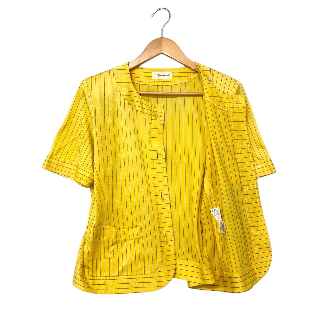 80i10 YVES SAINT LAURENT イヴサンローラン 半袖シャツ シャツジャケット 金ボタン ストライプ柄 サイズM イエロー コットン100％ レディースo07t