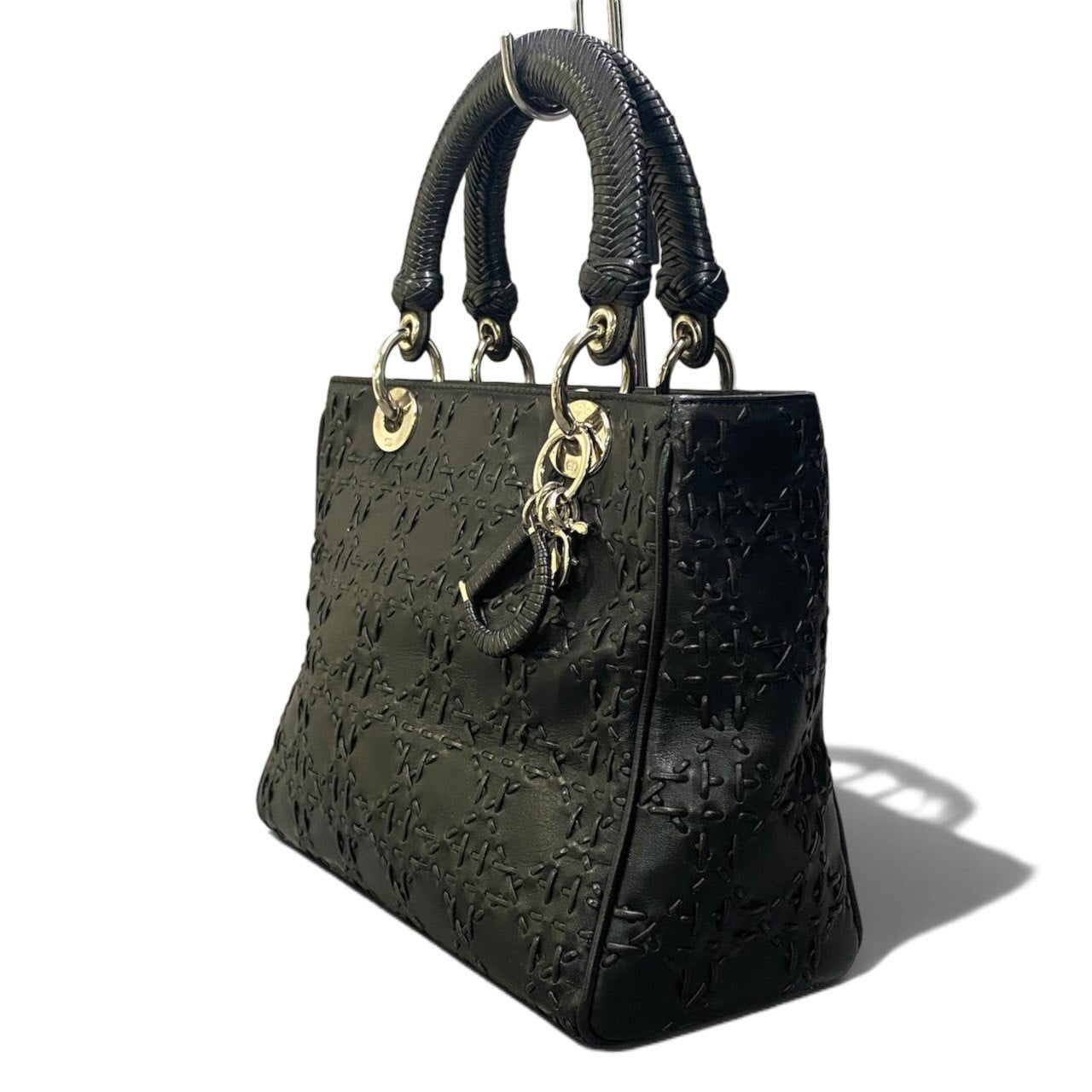 h29 Christian Dior レディディオール M ウィップステッチ カナージュ ブラック レザー レディース 女性用ta1