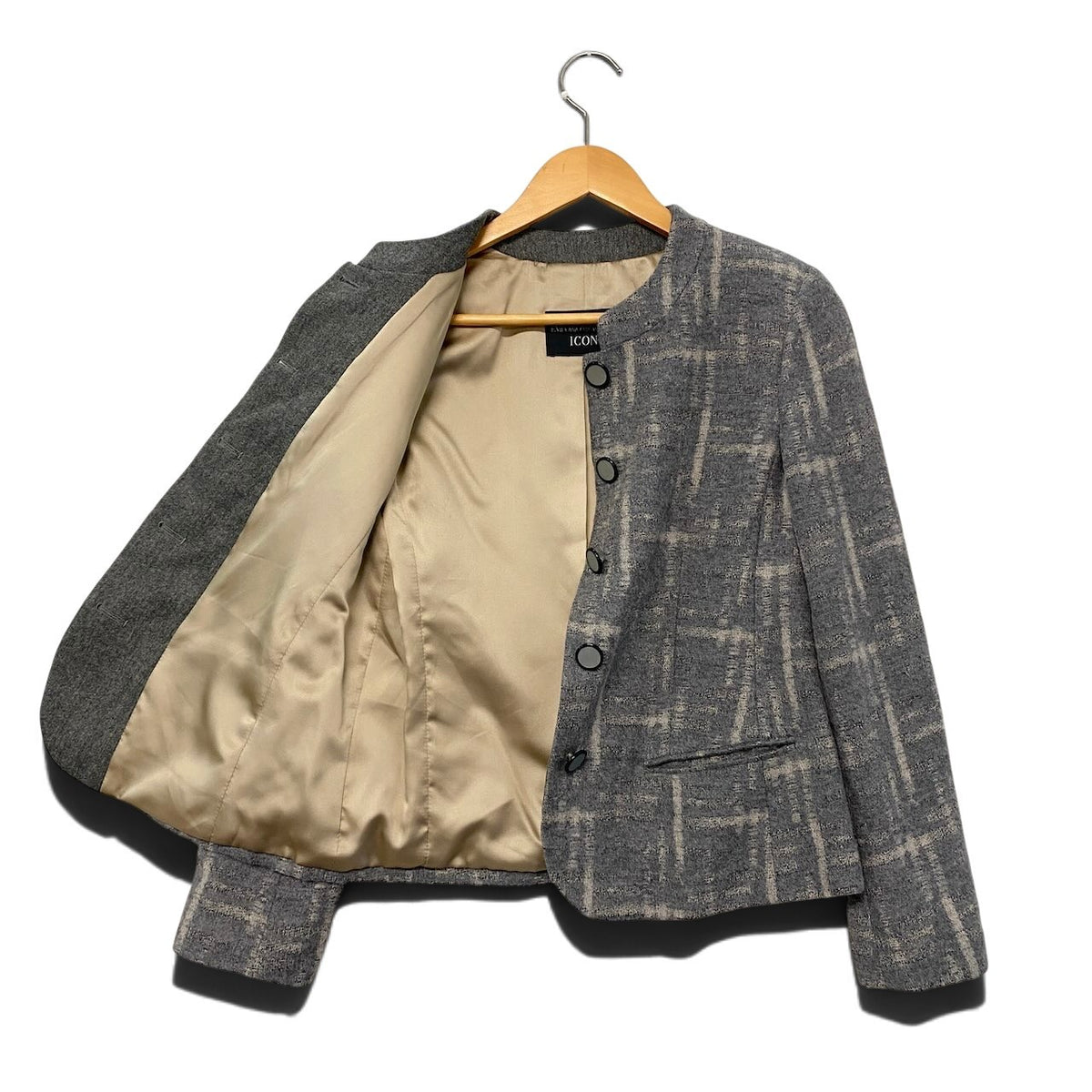 38j22 【美品】EMPORIO ARMANI ICON エンポリオアルマーニ アイコン ノーカラージャケット チェック柄 アウター 38サイズ グレー レディース 女性用u02t