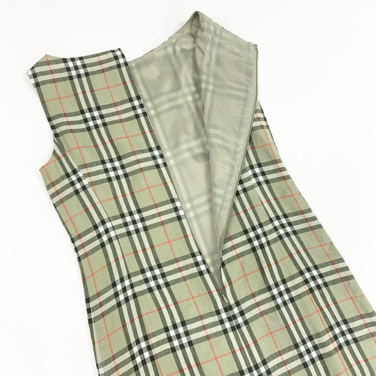 81a23 BURBERRY LONDON バーバリーロンドン ノバチェック ノースリーブワンピース リネンワンピース サイズ40 グリーン系 レディース 女性用 トップスk02i