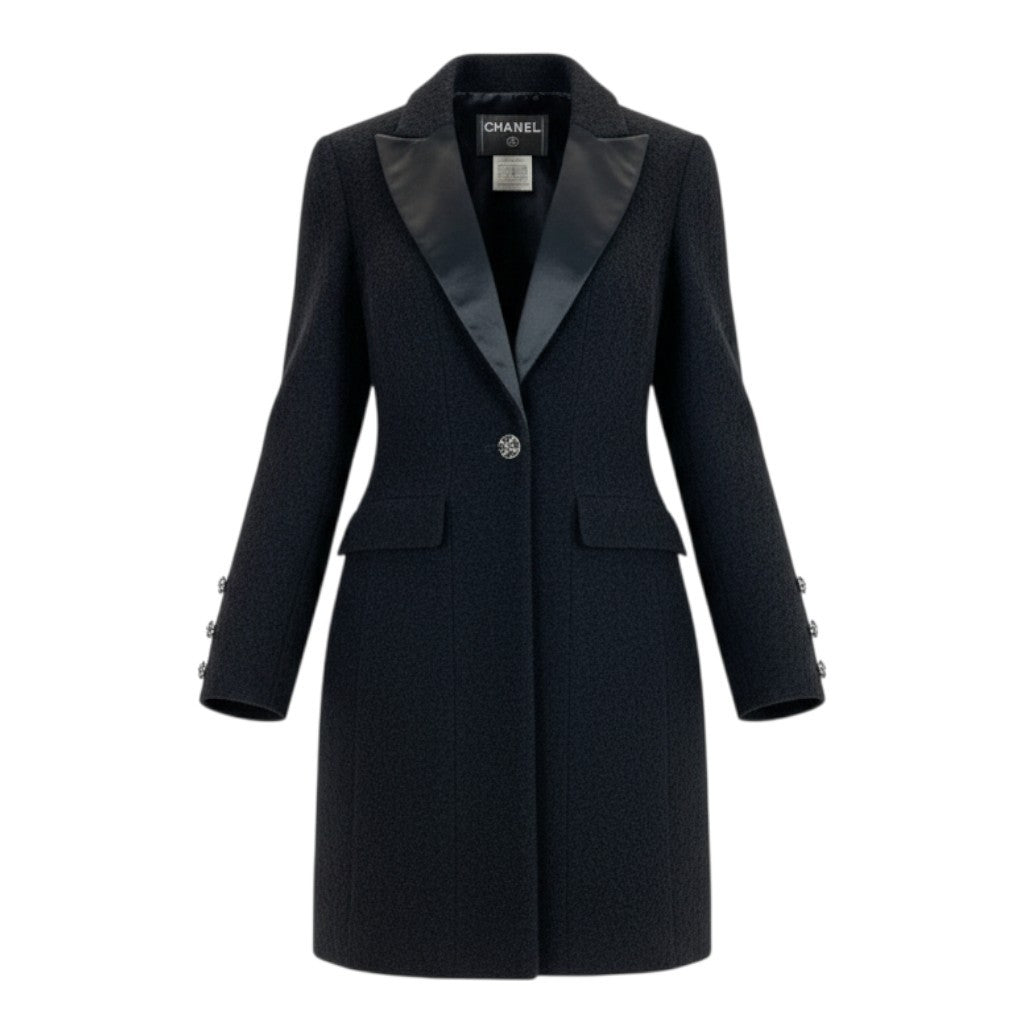 56a14 CHANEL シャネル 2006年 P29135 グリポアボタン ウエストシェイプデザイン ツイードコート サイズ36 ブラック レディース 女性用 アウター コートta1