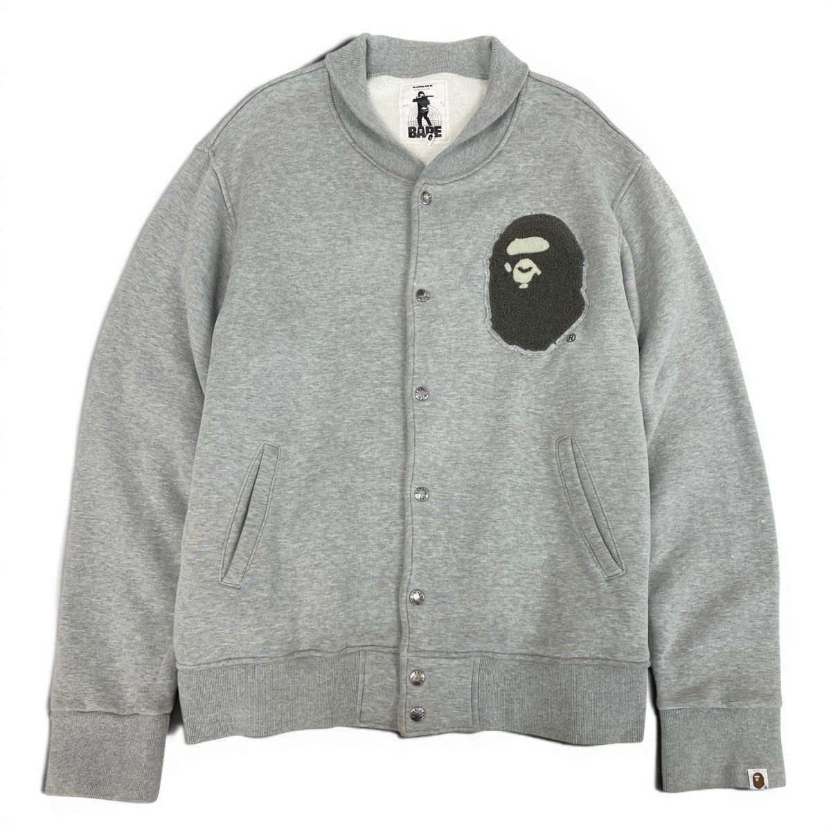 Mg19 A BATHING APE アベイシングエイプ NIGO期 00's スウェットスタジャン エイプヘッド ワッペンロゴ  XL グレー コットン100％ メンズu02t