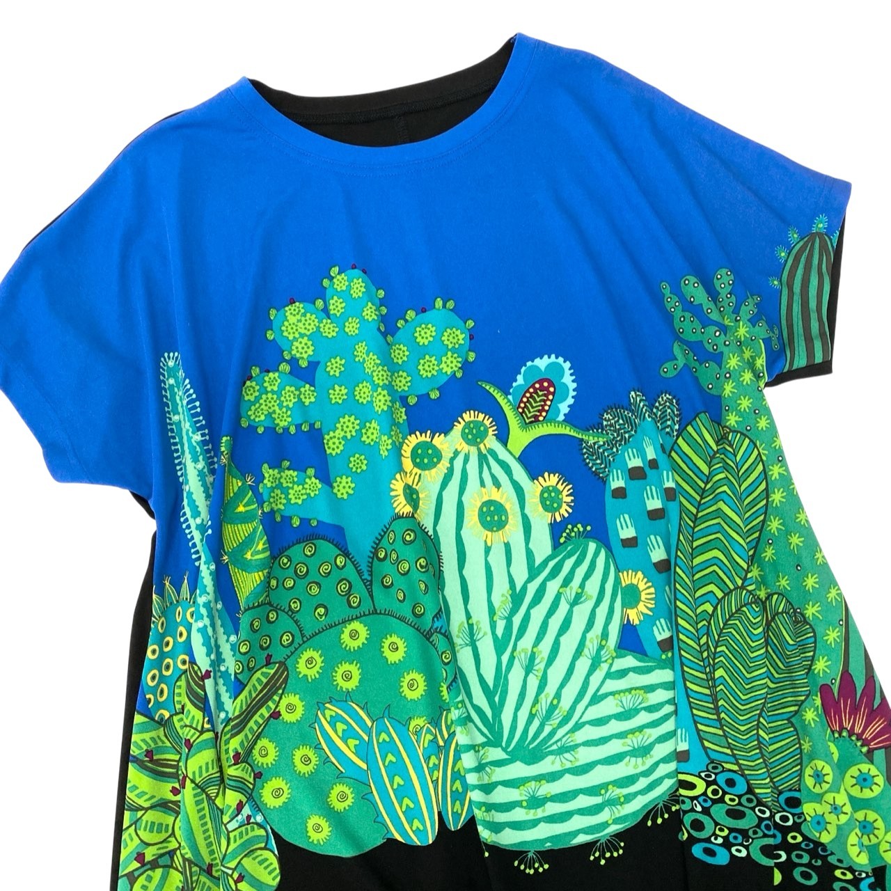 15c5 【美品】 TOKUKO 1er VOL トクコプルミエヴォル フレンチスリーブワンピース 半袖 サボテン柄 バイカラー Aライン レディース 女性服 サイズ9 ブラック ブルーu02t
