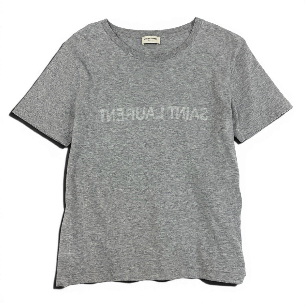 Ie29  SAINT LAURENT サンローラン リバースロゴプリント クルーネック 半袖Tシャツ サイズM グレー コットン100％ レディース 女性服u02t