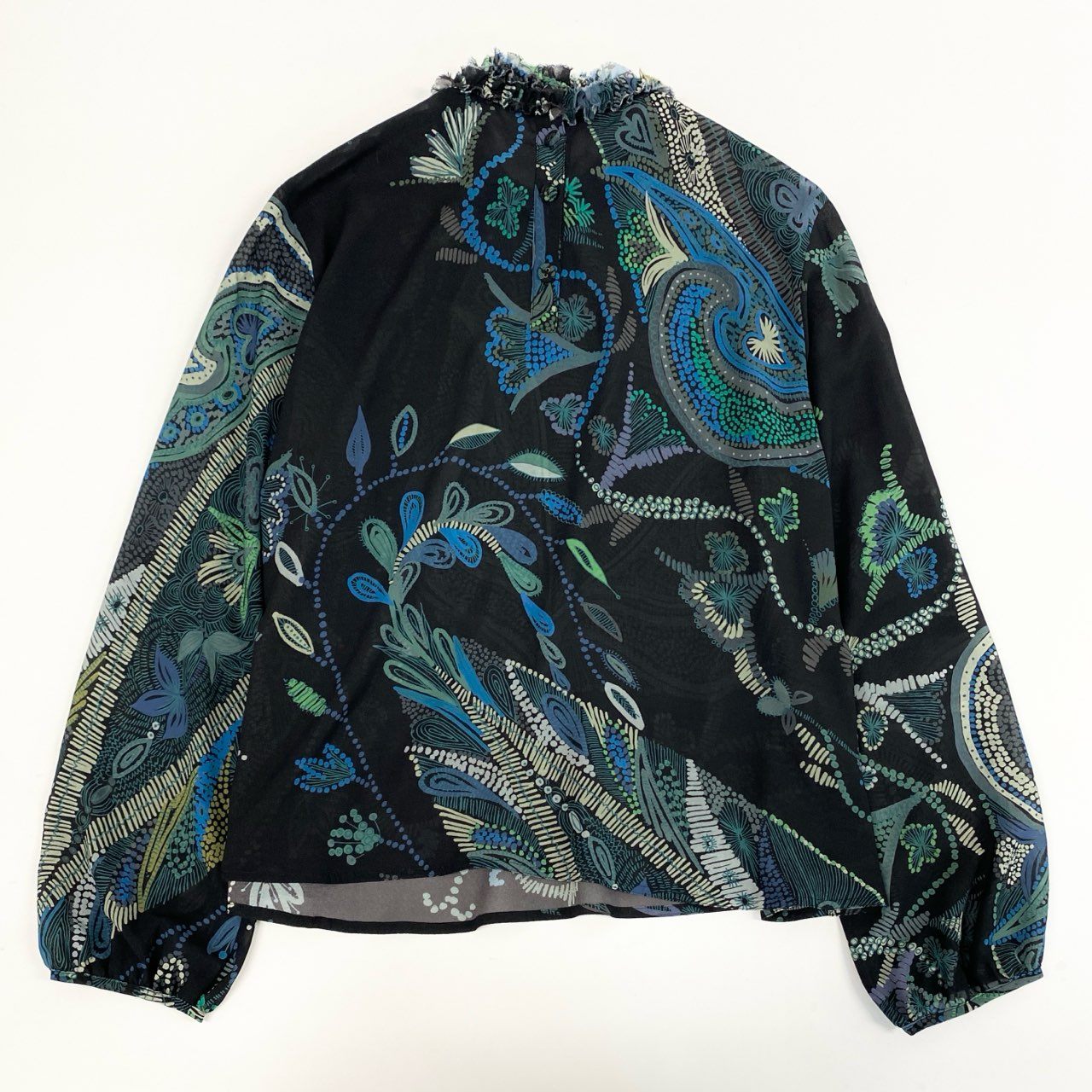 41k26 《美品》 TOKUKO 1er VOL トクコプルミエヴォル シアーブラウス フリルネック 総柄プリント ロングスリーブ レディース 女性用 9 ブラック ポリエステル100％u02t