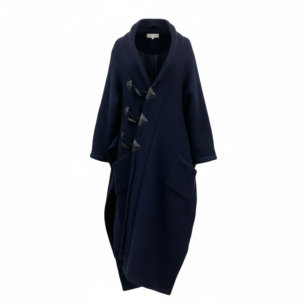 76a28 LIMI feu リミフゥ 変形デザイン ダッフルコート ロングコート サイドスリット アウター 日本製 LV-T46-139 Sサイズ ネイビー レディースo07t