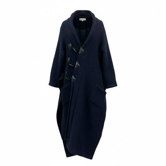 76a28 LIMI feu リミフゥ 変形デザイン ダッフルコート ロングコート サイドスリット アウター 日本製 LV-T46-139 Sサイズ ネイビー レディースo07t