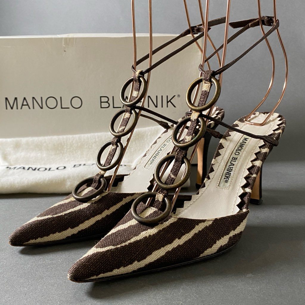 1g17 MANOLO BLAHNIK マノロブラニク ストラップ パンプス サンダル サイズ35 1/2 ブラウン キャンバス レディース