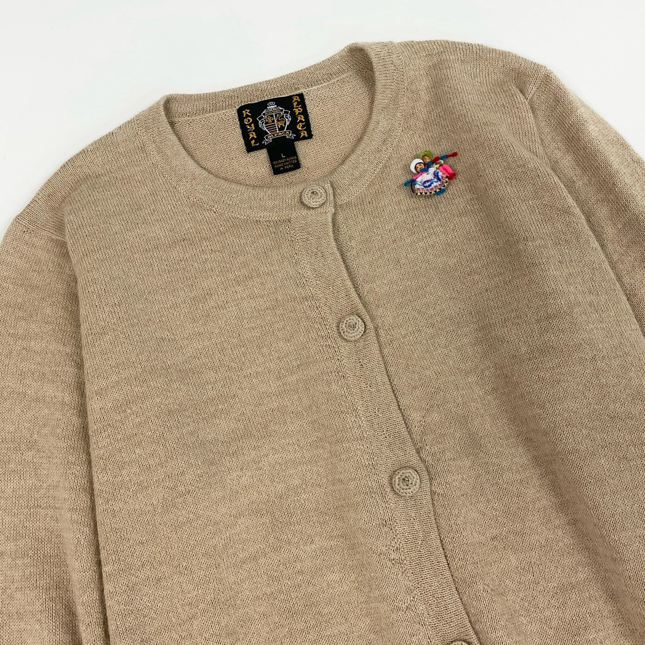 63d13 ROYAL ALPACA ロイヤルアルパカ ニットカーディガン ロングスリーブ レディース 女性用 サイズL ベージュ ベビーアルパカ100％ レディース 女性用u02t
