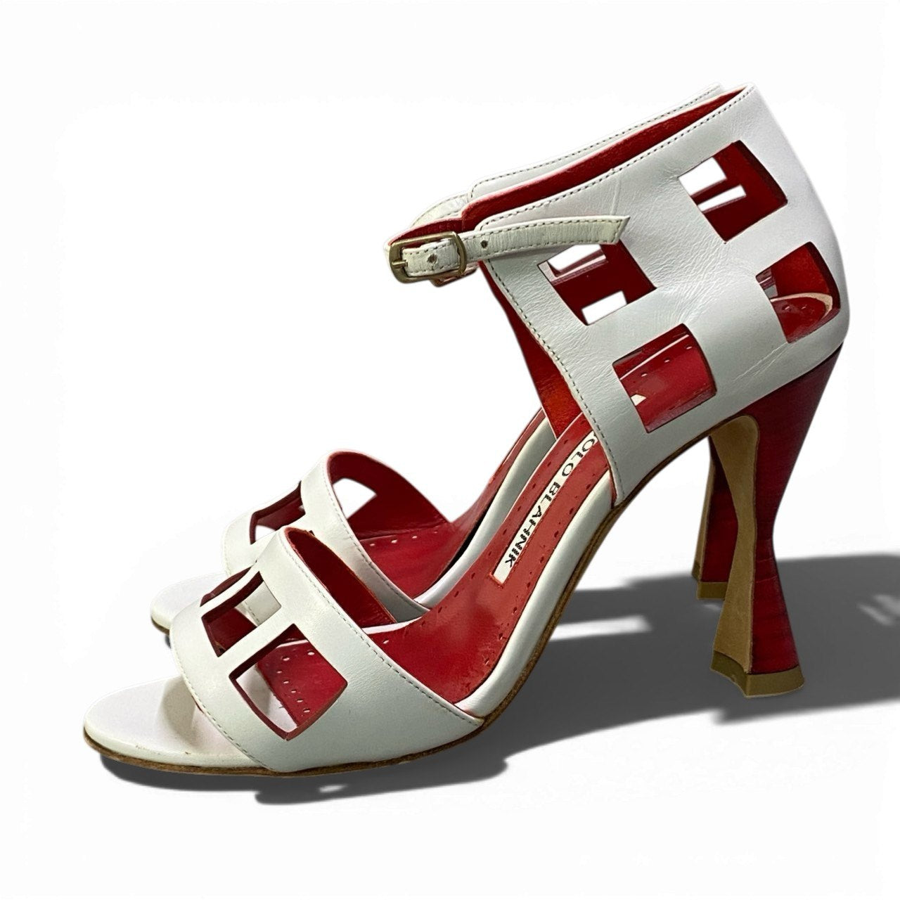 1b23 MANOLO BLAHNIK マノロブラニク アンクルベルト ヒールサンダル オープントゥ ルイヒール レディース 女性靴 イタリア製 34 1/2  ホワイト レッド レザーu02t