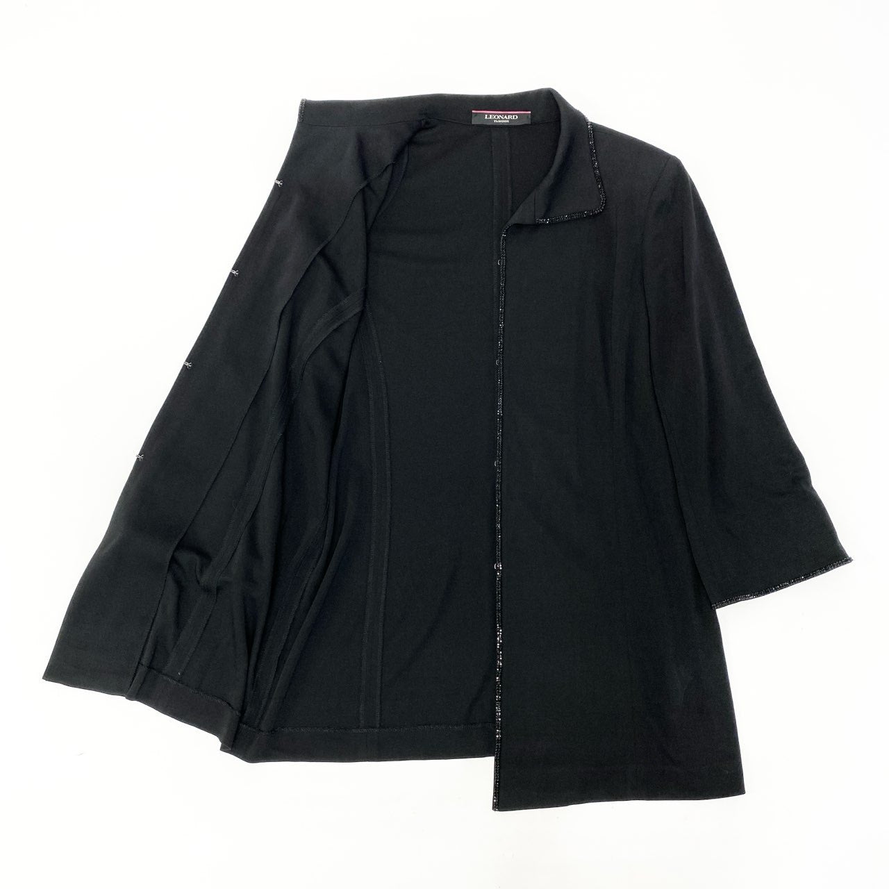 61c9 LEONARD FASHION レオナール ロングジャケット カーディガン ロングスリーブ カンカン素材 ワンポイントロゴ ラインストーン レディース 女性服 サイズ42 ブラックu02t