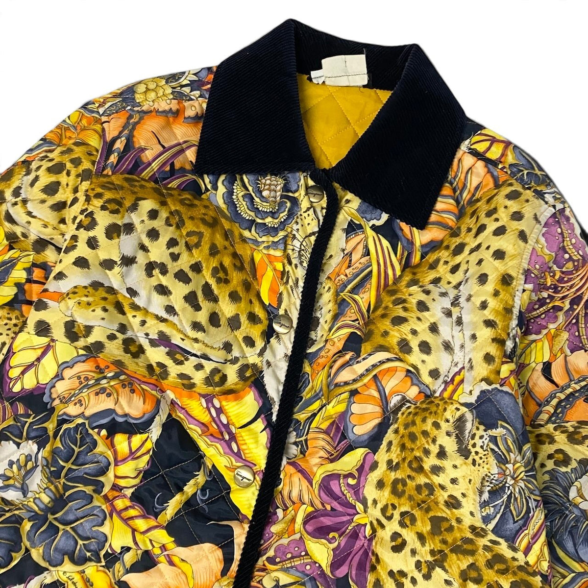 j29 Salvatore Ferragamo キルティングジャケット ヒョウ 花柄 ミドル丈 コーデュロイ襟 XSサイズ マルチカラー ポリエステル100％ レディース 女性用u02t