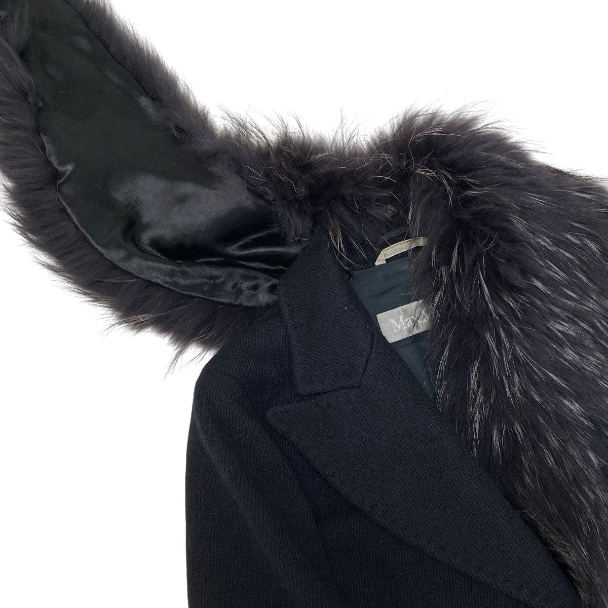 18g16 MaxMara マックスマーラ ラクーンファー ベルテッドコート ロング サイズ42 ブラック レディース 女性用u02t