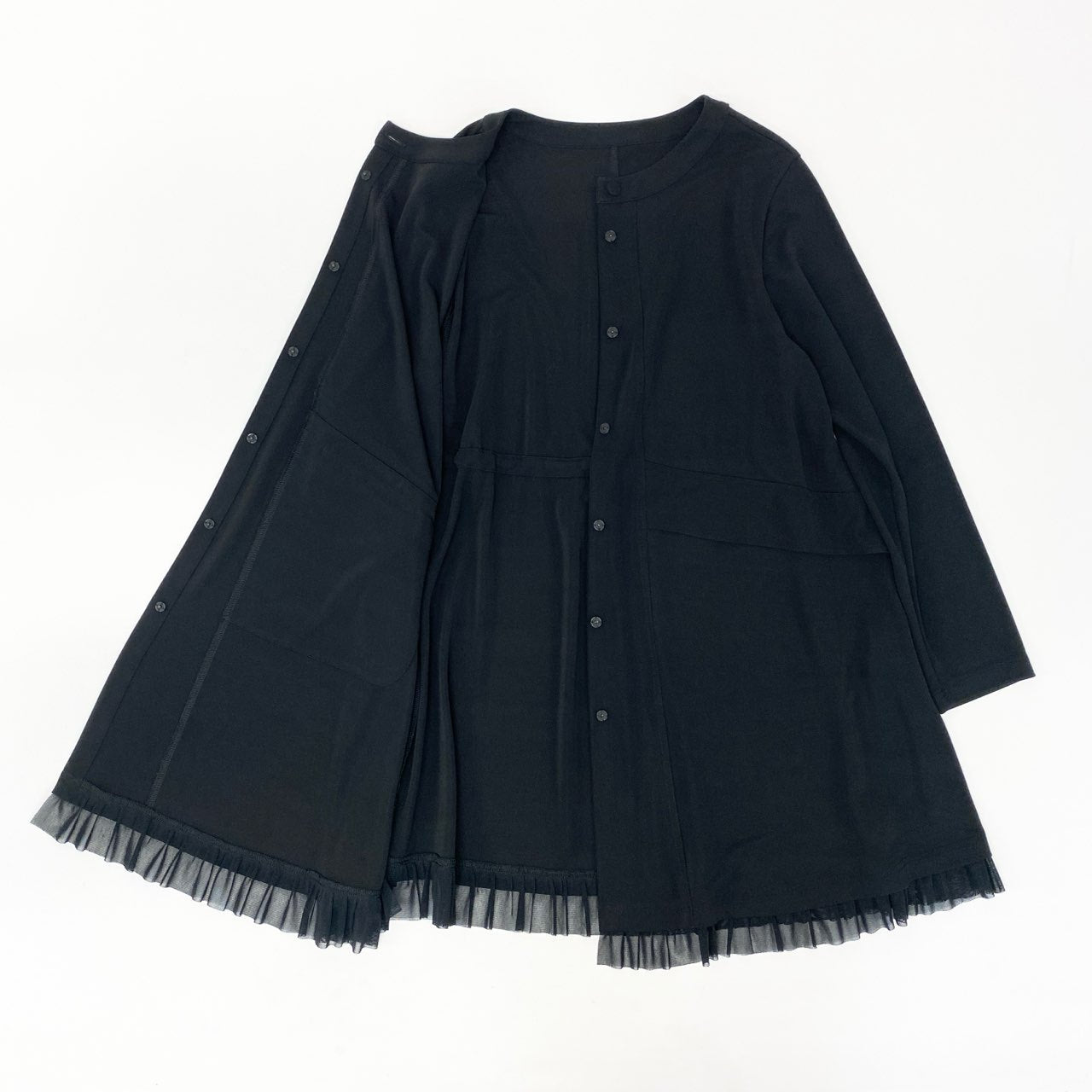 52k23《美品》 TOKUKO 1er VOL トクコプルミエヴォル ノーカラー ロングシャツワンピース ストレッチ○ 裾フリル 長袖 レディース 女性用 9 ブラックu02t