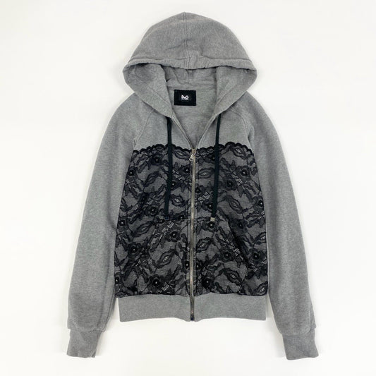 11f12 DOLCE&GABBANA ドルチェアンドガッバーナ 長袖パーカー 羽織 レース切替 フーディーパーカー フルジップ トップス レディース 38 グレー 画像参照