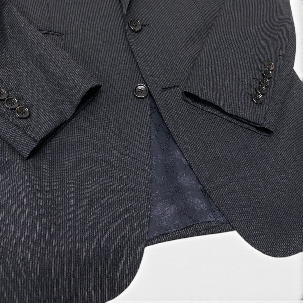 22i28 【美品】 GUCCI グッチ セットアップスーツ 2B 裏地GG柄 総柄 チェンジポケット サイズ44R ネイビー メンズ 紳士服k02i
